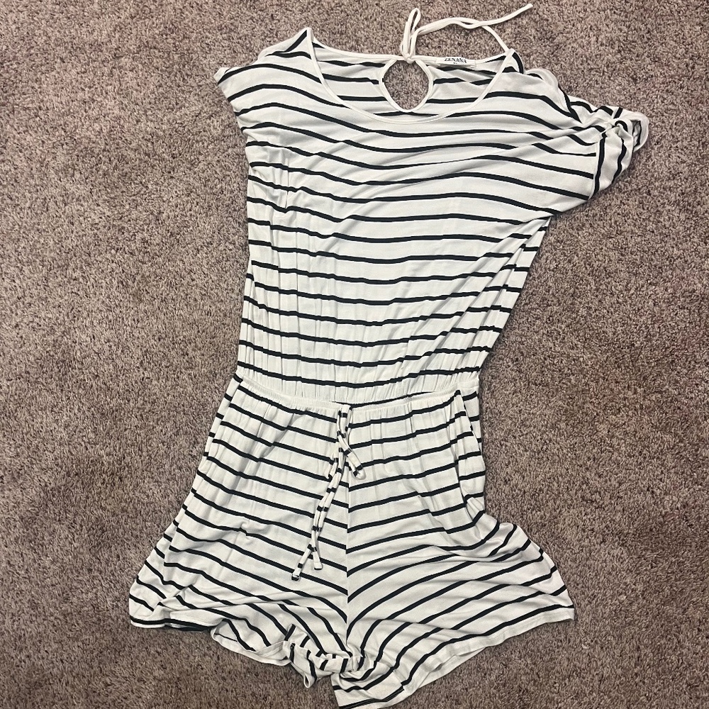 Zenana XL short romper - white w/black stripes